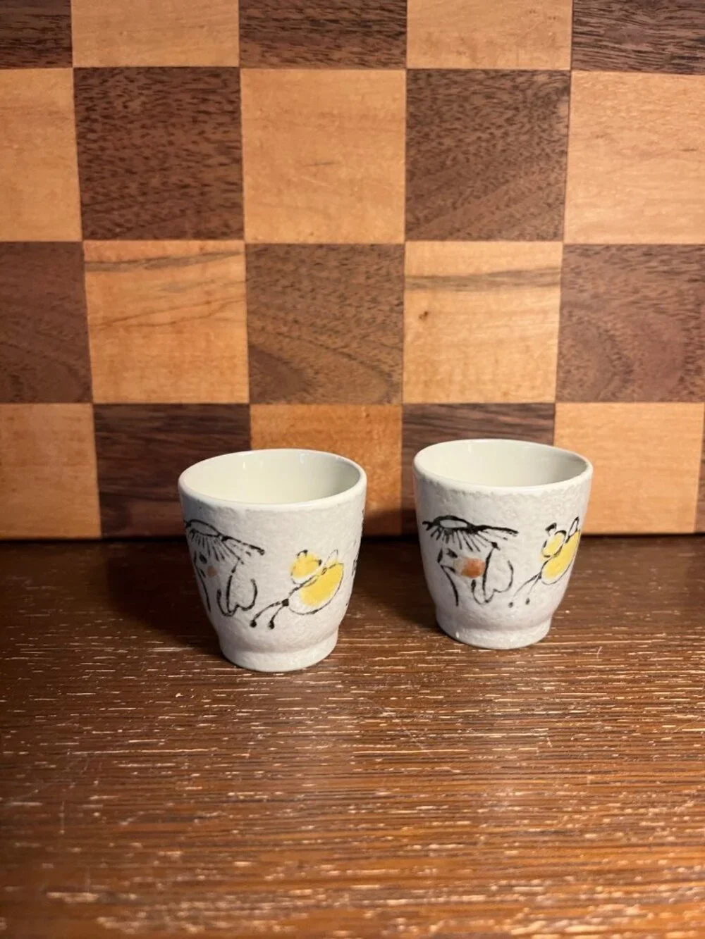 Pair of Vintage Mino Ware Saki Cups with Kappa Motif A678